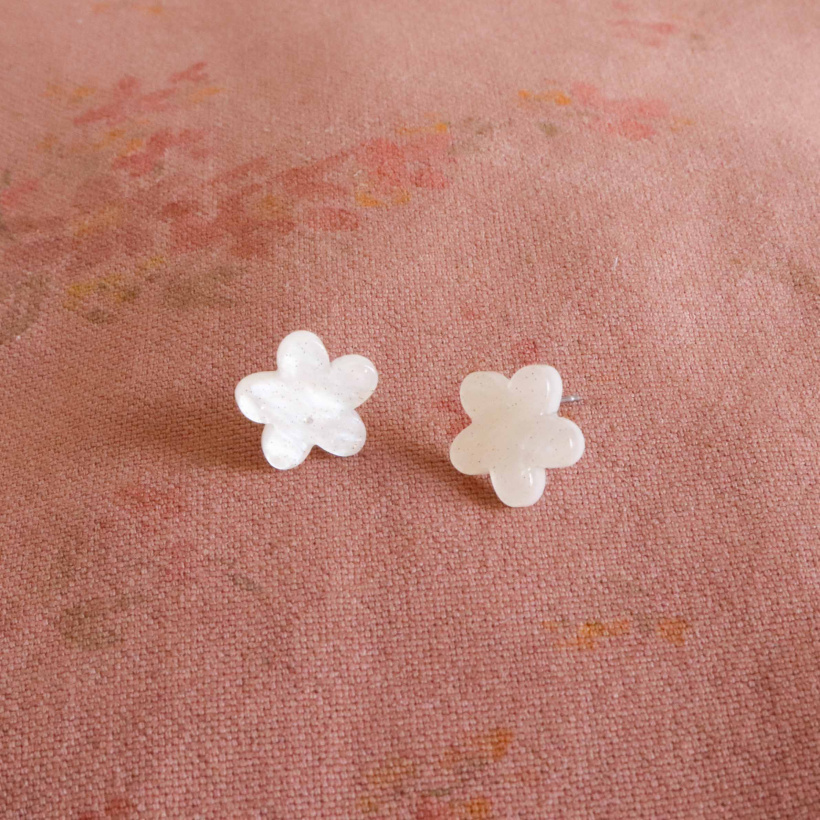 White glitter flower ear studs by Feliz Domingo - white resin flower earrings