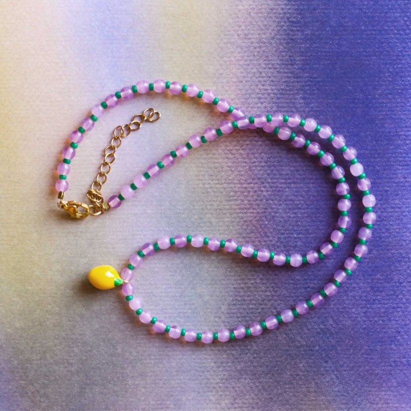 Necklace with lemon - Lemon necklace with pink and green beads.