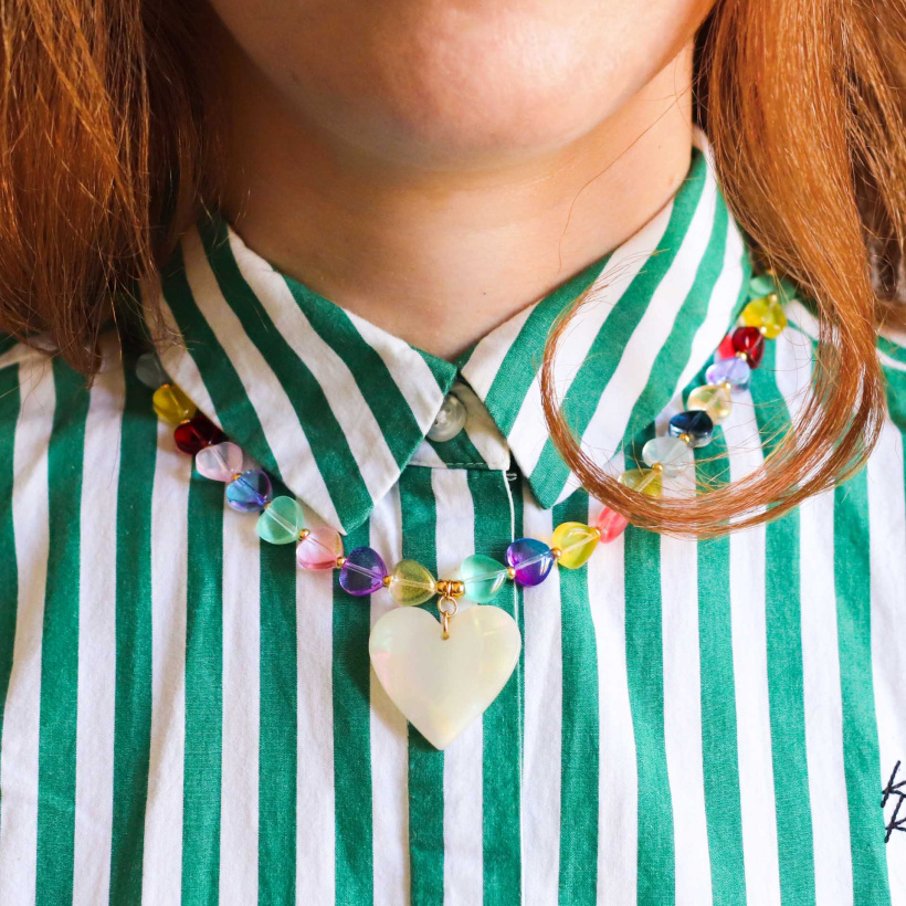 Necklace with colorful hearts and big pendant. Super romantic necklace!